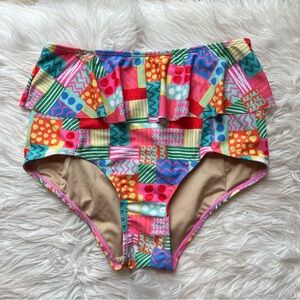 NWOT Kortni Jeane Patchwork Peplum Ruffle High-Waisted Bikini Swimsuit Bottoms